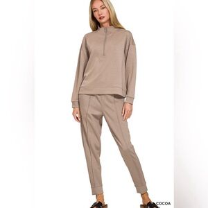Zenana Scuba Half Zip Sweatshirt And Jogger Pants Set in Cocoa Size Large NWOT